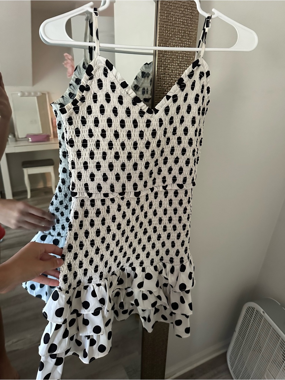 The Impeccable Pig White and Black Polka Dot Smocked Ruffle Mini Dress